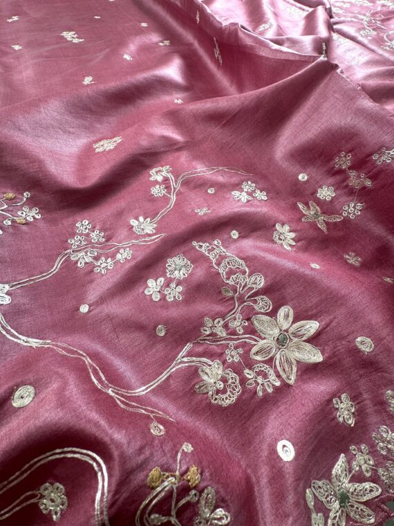 Rose Pink Pittan Work Pure Tussar Silk Saree