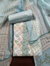 White and Blue Cotton 3 Piece Unstitched Suit with Cotton Dupatta