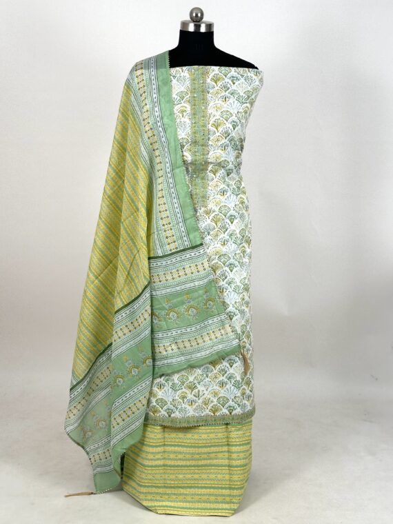 White and Green Cotton 3 Piece Unstitched Suit with Cotton Dupatta