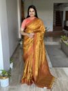 Yellow and Peach Resham Gadhwal Jamawar Pure Silk Saree