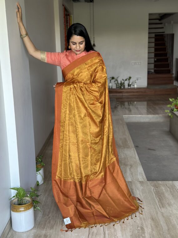Yellow and Peach Resham Gadhwal Jamawar Pure Silk Saree
