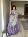 Purple and Grey Resham Gadhwal Jamawar Pure Silk Saree