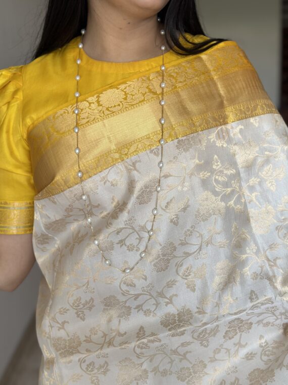 Off-White & Yellow Zari Jamawar Pure Silk Saree