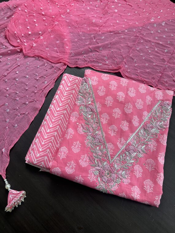 Hot Pink Cotton 3 Piece Unstitched Suit with Chiffon Dupatta