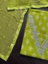 Green Cotton 3 Piece Unstitched Suit with Chiffon Dupatta