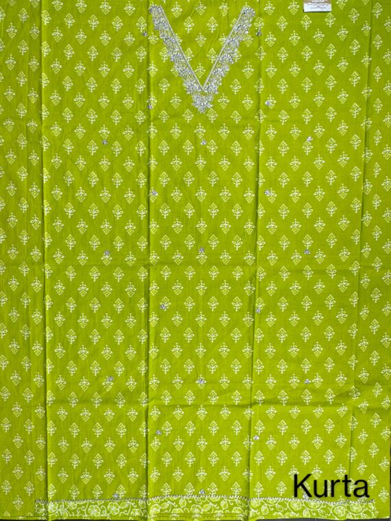 Green Cotton 3 Piece Unstitched Suit with Chiffon Dupatta