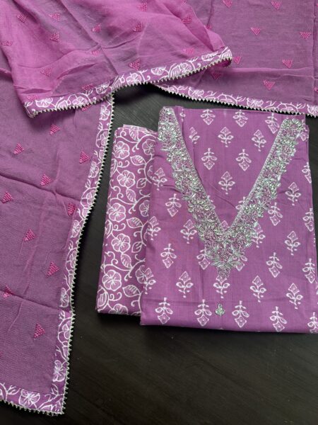 Purple Cotton 3 Piece Unstitched Suit with Chiffon Dupatta