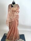 Pink Thread Embroidery Blended Supernet Saree