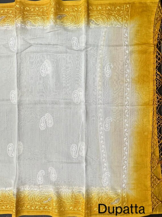 Yellow & Off White Maheshwari Cotton Unstitched 3-Piece Suit