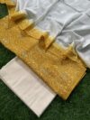 Yellow & Off White Maheshwari Cotton Unstitched 3-Piece Suit