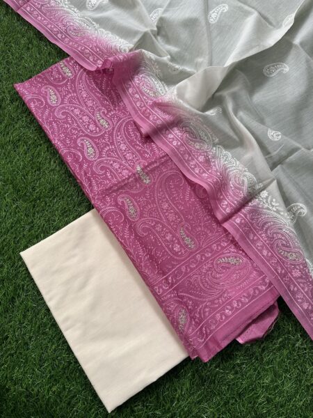 Magenta & Off White Maheshwari Cotton Unstitched 3-Piece Suit