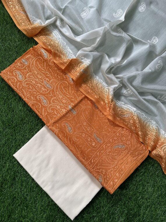 Mango & Off White Maheshwari Cotton Unstitched 3-Piece Suit