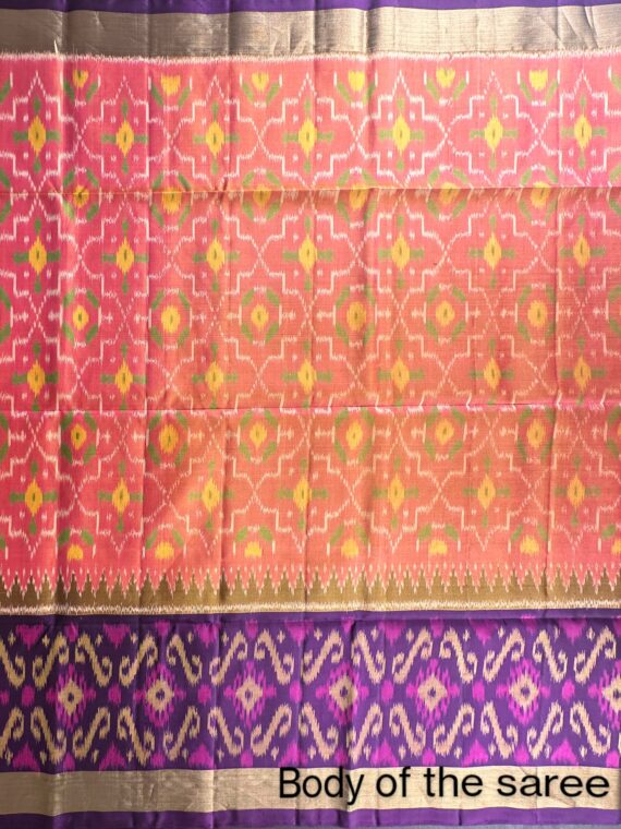 Purple & Coral Ikkat Kolam Soft Silk Saree