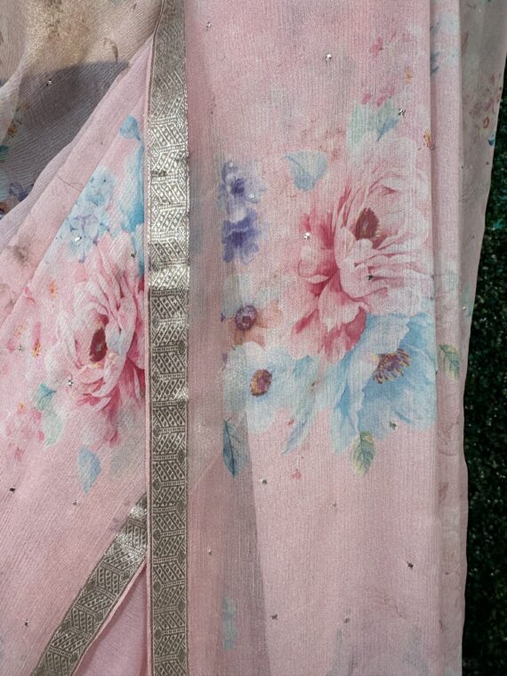 Light Pink Pure Chiffon Printed Saree with Mukaish Work