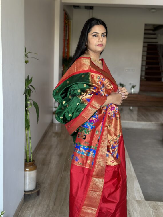Green and Red Paithini Pure Silk Saree