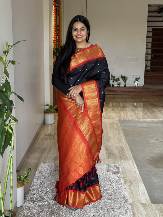 Black-Orange Gadhwal Pure Silk Saree