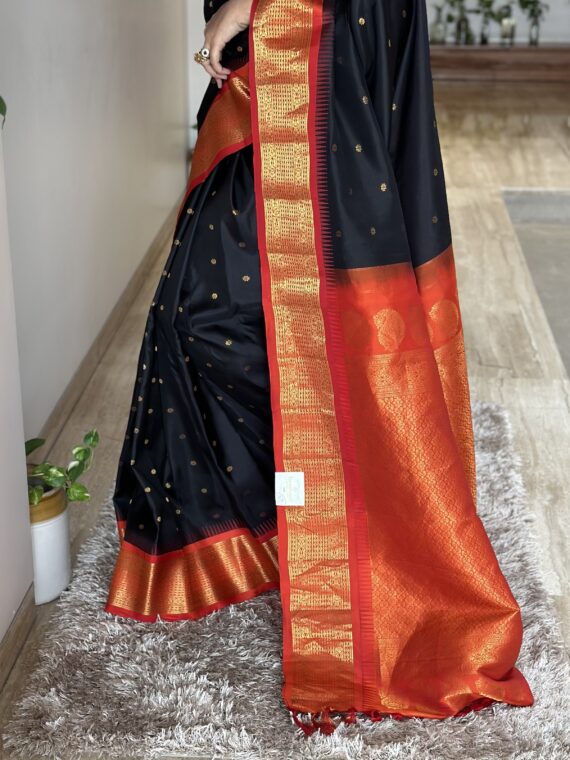 Black-Orange Gadhwal Pure Silk Saree