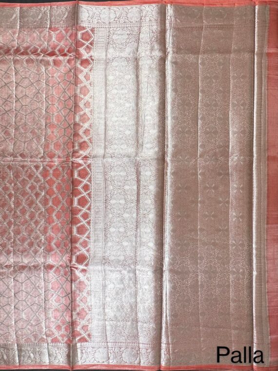 Coral Pink Silver Zari Pure Tissue Silk Saree