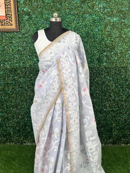 Pastel Grey Jamdani Pure Cotton Saree