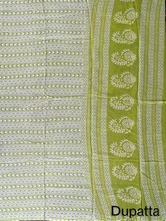 Green Block Print Jaipuri Cotton suit with Chiffon Dupatta