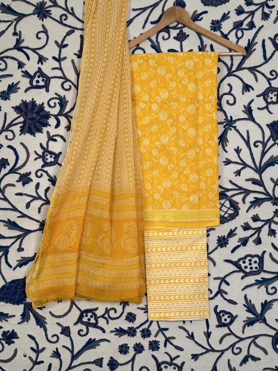 Yellow Block Printed Jaipuri Cotton suit with Chiffon Dupatta
