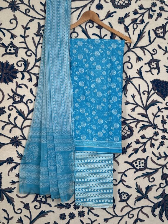 Firozi Block Print Jaipuri Cotton suit with Chiffon Dupatta