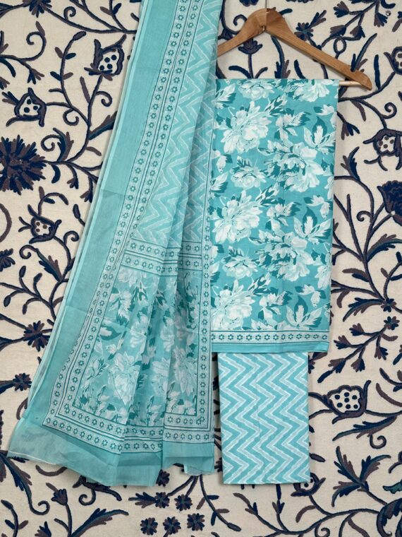 Blue Printed Jaipuri Cotton suit with Cotton Dupatta