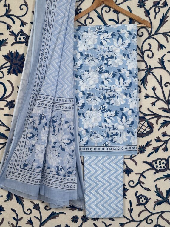 Ash Blue Printed Jaipuri Cotton suit with Cotton Dupatta