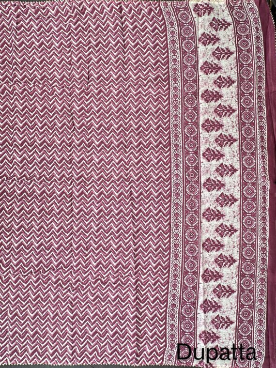White & Purple Cotton 3 Piece Unstitched Suit with Cotton Dupatta