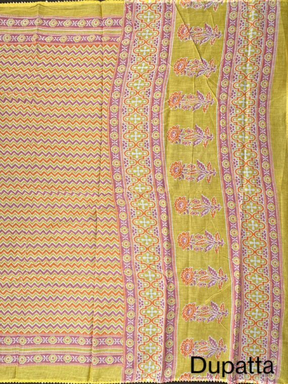 Pink & Yellow Cotton 3 Piece Unstitched Suit with Cotton Dupatta