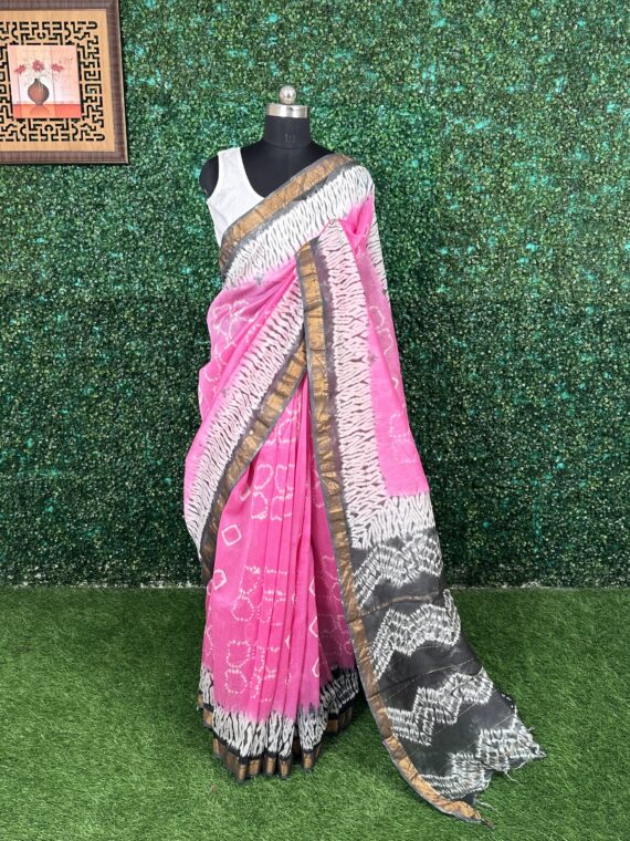 Pink & Grey Rajasthani Print Pure Cotton Chanderi Saree