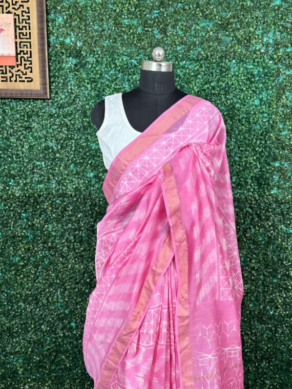 Rani Pink Rajasthani Print Pure Cotton Chanderi Saree