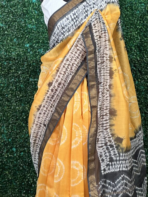 Yellow & Grey Rajasthani Print Pure Cotton Chanderi Saree