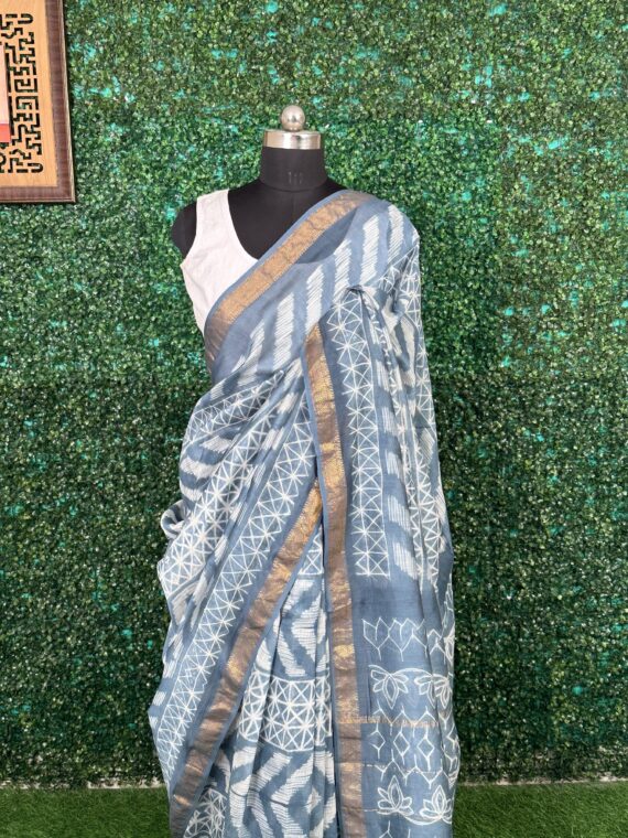 Ash Blue Rajasthani Print Pure Cotton Chanderi Saree