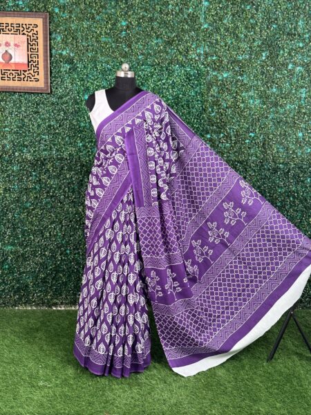 Purple Sanganeri Block Print Pure Jaipuri Cotton Saree