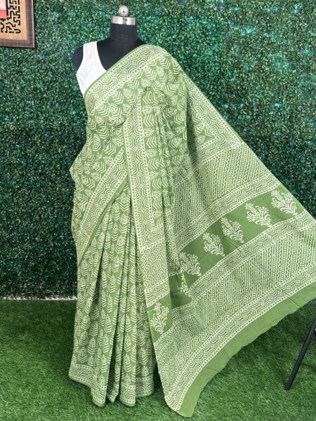 Green Sanganeri Block Print Pure Jaipuri Cotton Saree