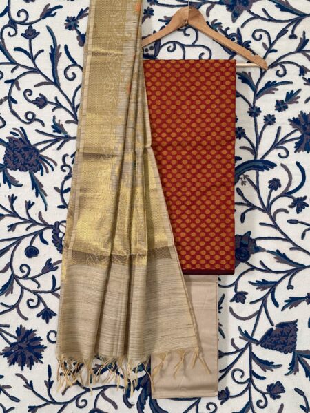 Red and Beige Jacquard Handloom Cotton 3-Piece Suit