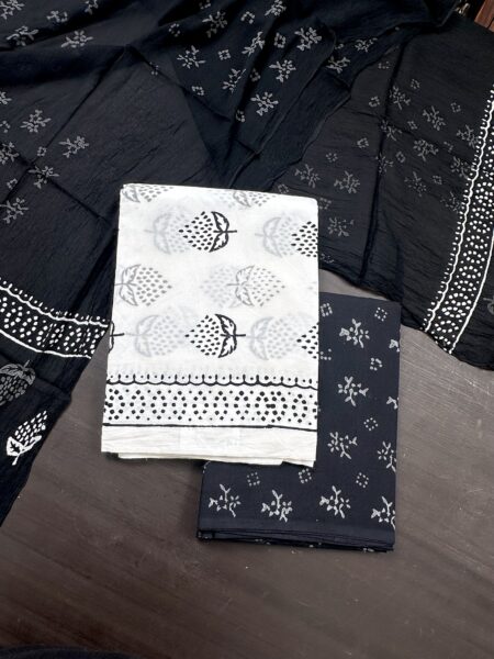 Black & White Block Print Jaipuri Cotton suit with Chiffon Dupatta