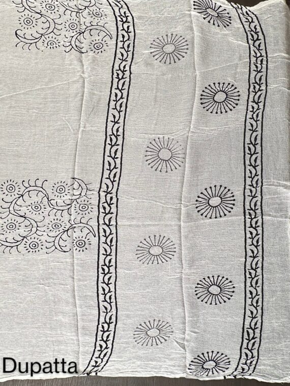 Black & White Block Print Jaipuri Cotton suit with Chiffon Dupatta