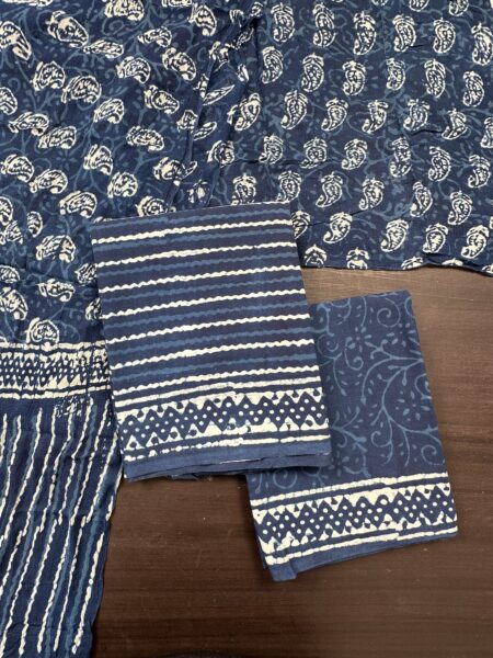Indigo Blue Block Print Jaipuri Cotton suit with Chiffon Dupatta