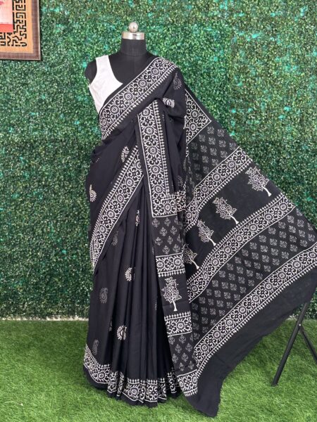 Black Sanganeri Block Print Pure Jaipuri Cotton Saree