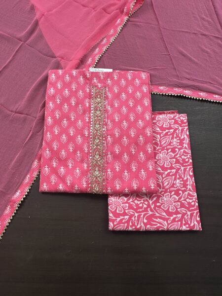 Hot Pink Jaipuri Cotton 3-Piece Unstitched Suit