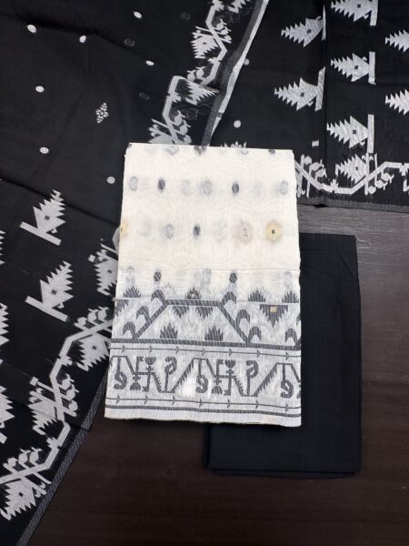 Off-White and Black Jamdani Handloom Cotton 3-Piece Suit
