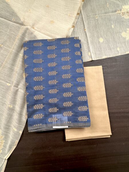 Blue and Beige Jacquard Handloom Cotton 3-Piece Suit