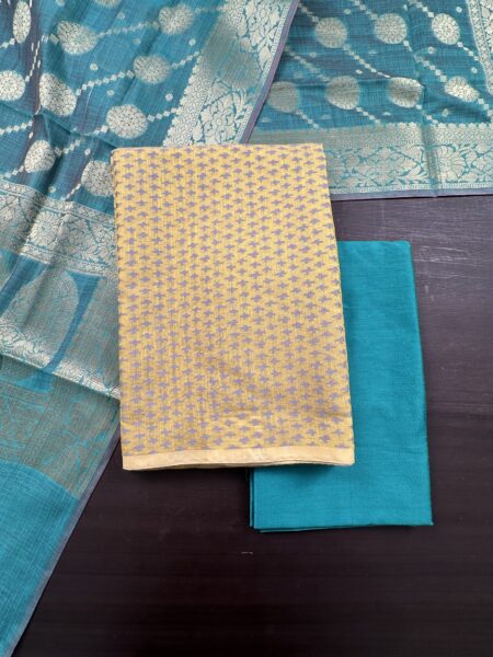 Yellow and Blue Jacquard Handloom Cotton 3-Piece Suit