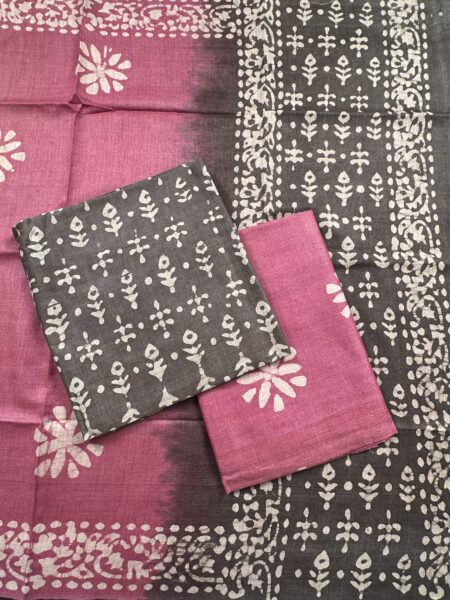 Grey and Pink Baatik Print Mercerised Cotton Suit