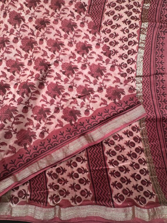 Pink Block Print Chanderi Saree