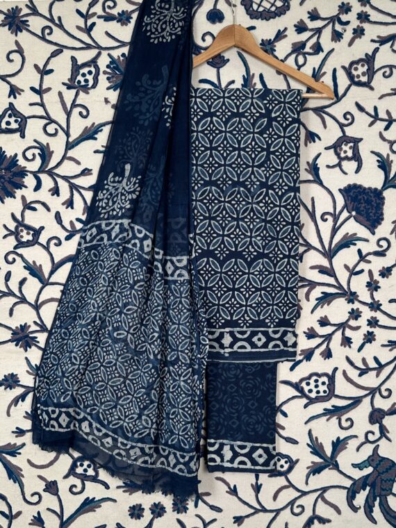 Indigo Blue Block Print Jaipuri Cotton suit with Chiffon Dupatta
