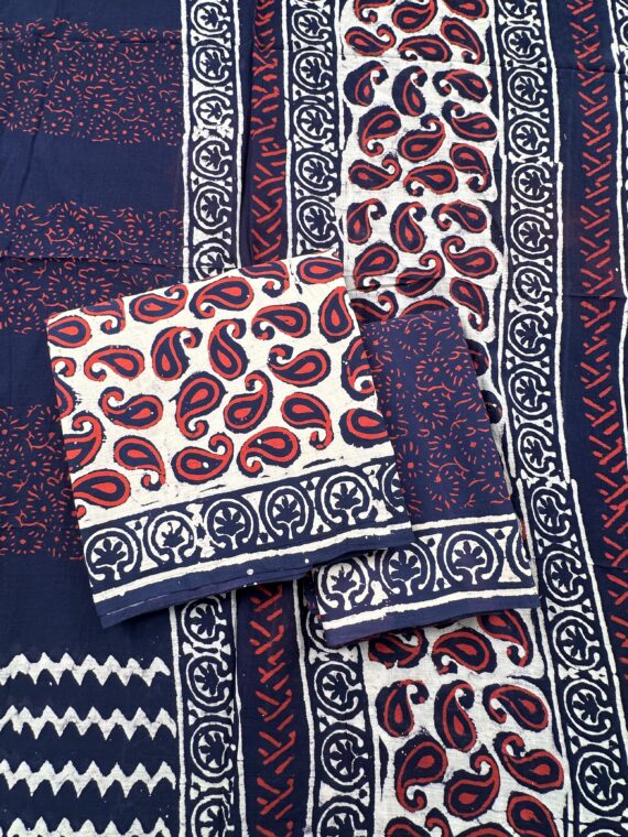 Red & Blue Block Print Jaipuri Cotton suit
