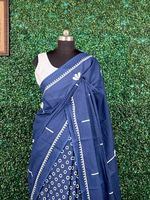 Blue Sanganeri Block Print Pure Jaipuri Cotton Saree